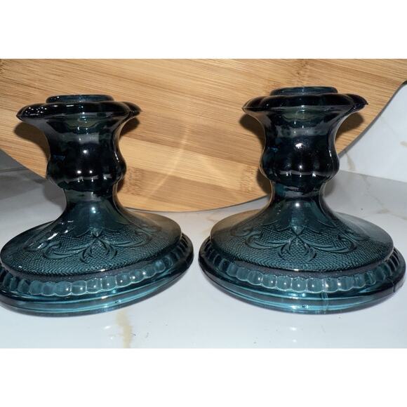 Tiara Exclusive Other - Tiara Indiana Glass Bicentennial Colonial Blue Sandwich Taper Candle Holders 4”